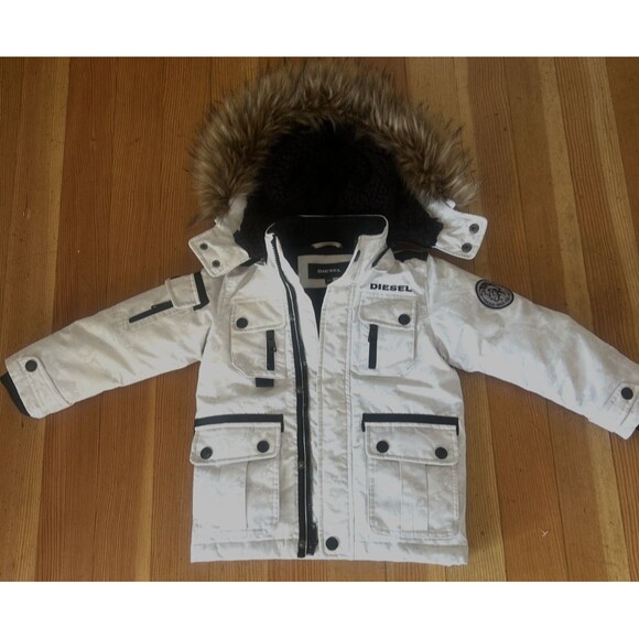 Diesel Boys Jacket Lt Gray Camo Puffer Parka w/Fur Trim Sz 4 Warm Cargo Pockets - Picture 12 of 12